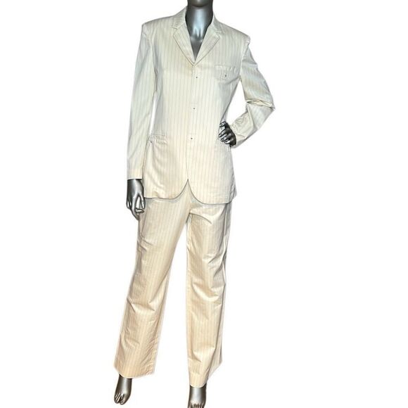 Vintage Jean Paul Gaultier Femme Ivory Pinstripe Suit Set Blazer & Pants (304) - Picture 1 of 16